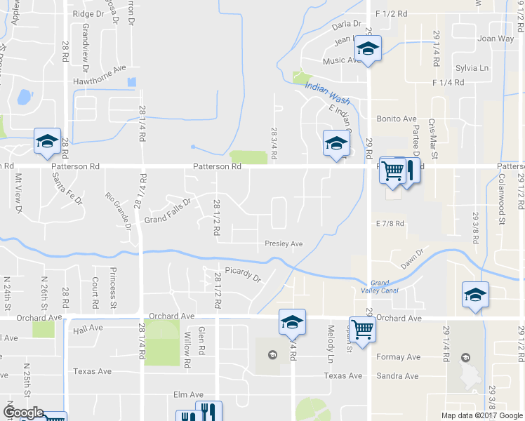 map of restaurants, bars, coffee shops, grocery stores, and more near 2862 Grand Falls Drive in Grand Junction