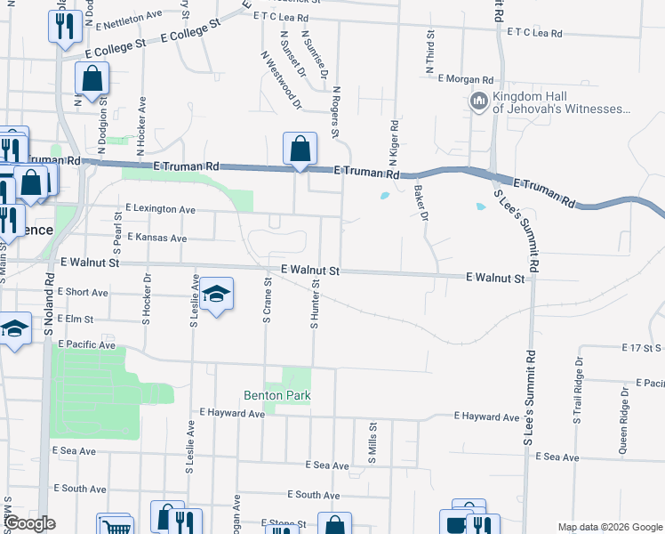 map of restaurants, bars, coffee shops, grocery stores, and more near 218 South Rogers Street in Independence
