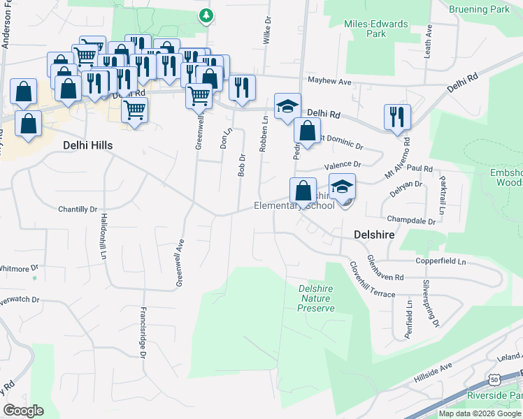 map of restaurants, bars, coffee shops, grocery stores, and more near 4601 Mount Alverno Road in Cincinnati
