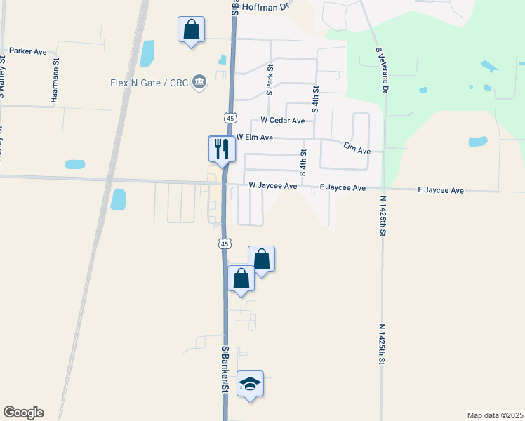 map of restaurants, bars, coffee shops, grocery stores, and more near 92 Easy Breeze Trailer Park in Effingham