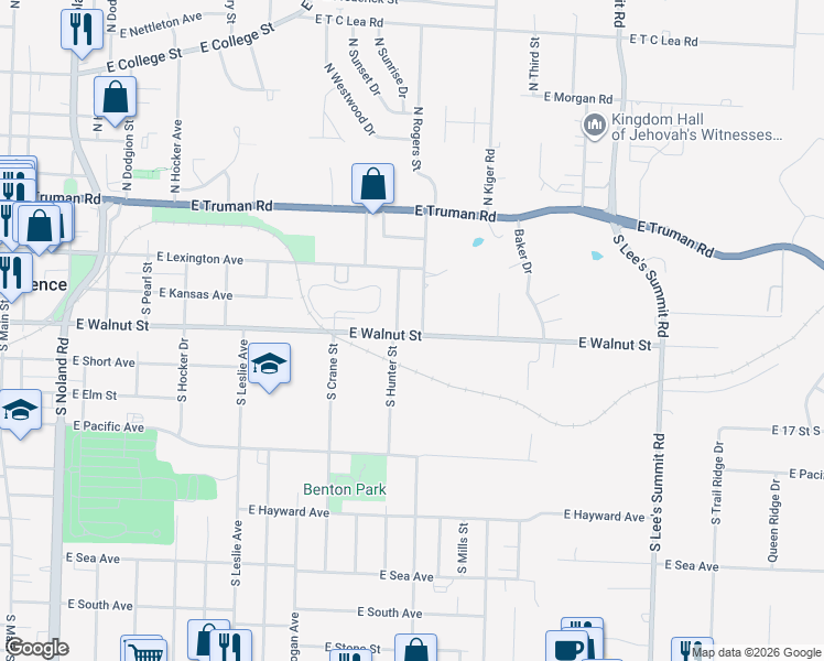 map of restaurants, bars, coffee shops, grocery stores, and more near 218 South Rogers Street in Independence