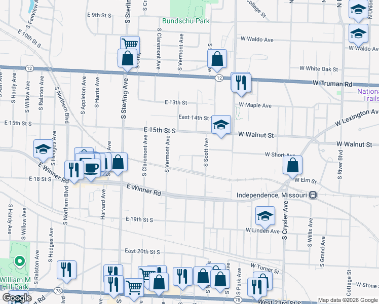 map of restaurants, bars, coffee shops, grocery stores, and more near 11500 East 16th Street in Independence