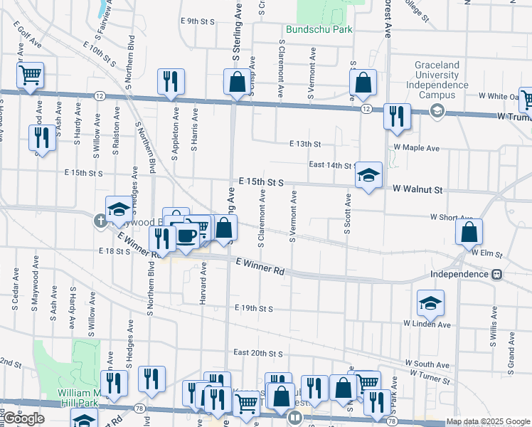 map of restaurants, bars, coffee shops, grocery stores, and more near 1603 South Claremont Avenue in Independence