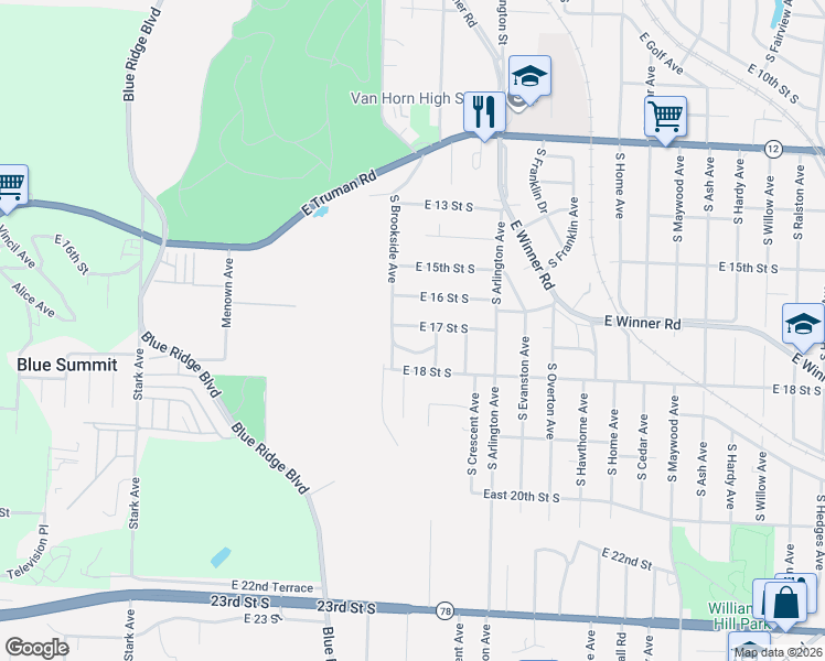map of restaurants, bars, coffee shops, grocery stores, and more near 9300 East 17 Street South in Independence