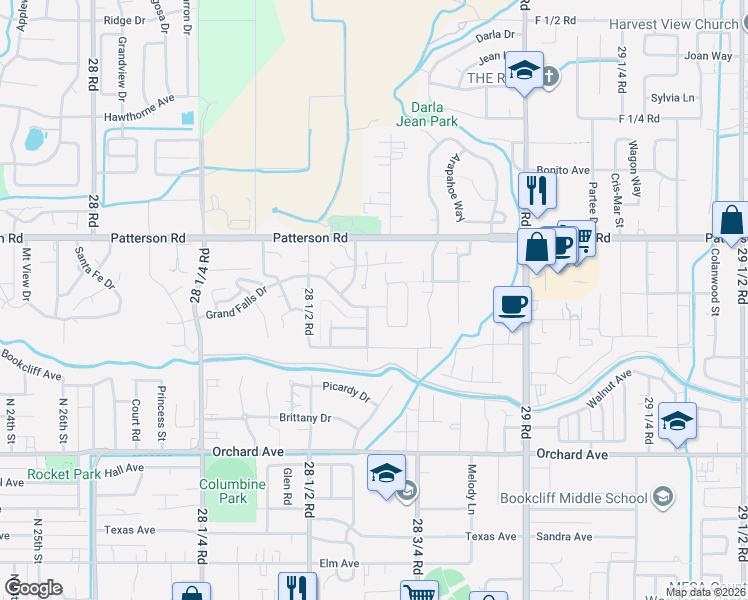 map of restaurants, bars, coffee shops, grocery stores, and more near 2862 Grand Falls Drive in Grand Junction