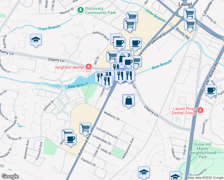 map of restaurants, bars, coffee shops, grocery stores, and more near 14611 Baltimore Avenue in Laurel