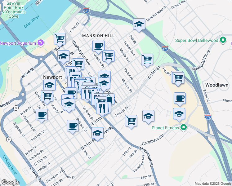 map of restaurants, bars, coffee shops, grocery stores, and more near 311 East 9th Street in Newport