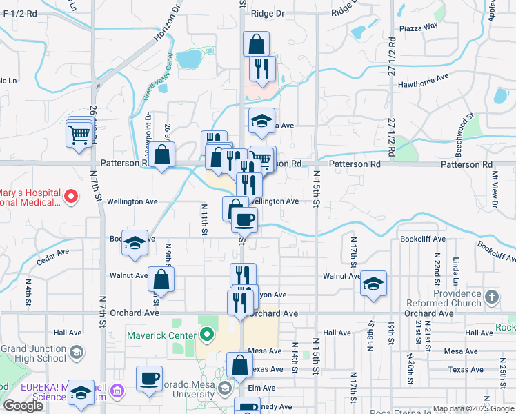 map of restaurants, bars, coffee shops, grocery stores, and more near 1305 Wellington Avenue in Grand Junction