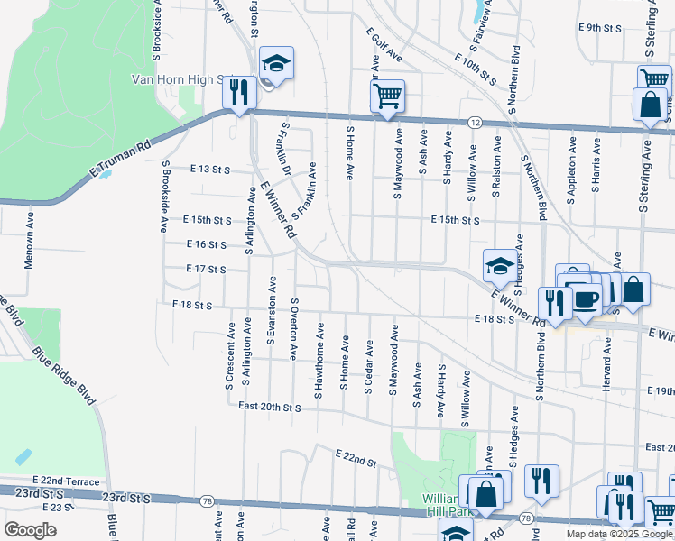 map of restaurants, bars, coffee shops, grocery stores, and more near 9910 East Winner Road in Independence