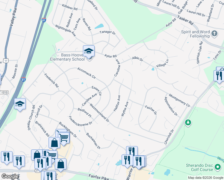 map of restaurants, bars, coffee shops, grocery stores, and more near 127 Halifax Avenue in Stephens City