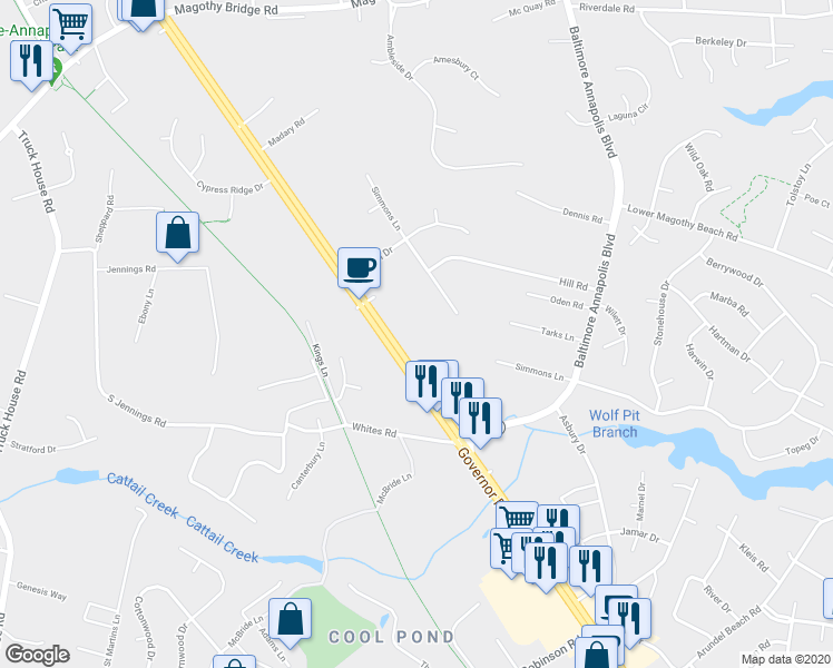 map of restaurants, bars, coffee shops, grocery stores, and more near 327 Ritchie Highway in Severna Park