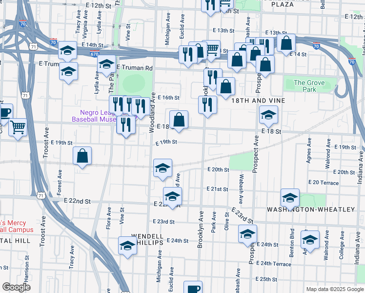 map of restaurants, bars, coffee shops, grocery stores, and more near 2007 East 19th Street in Kansas City