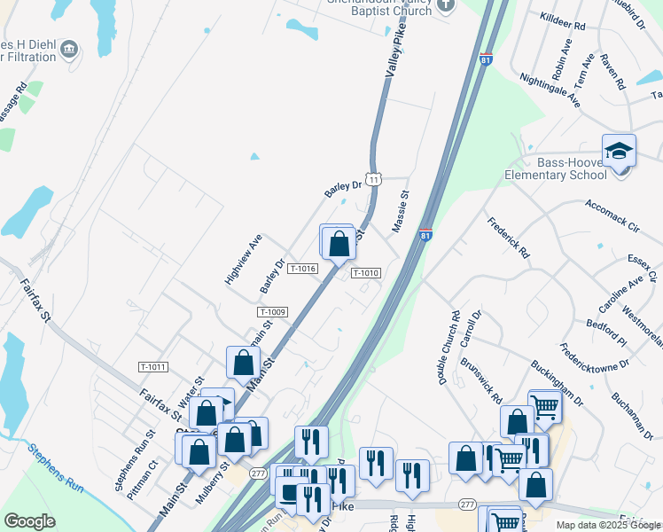 map of restaurants, bars, coffee shops, grocery stores, and more near 5117 Main Street in Stephens City