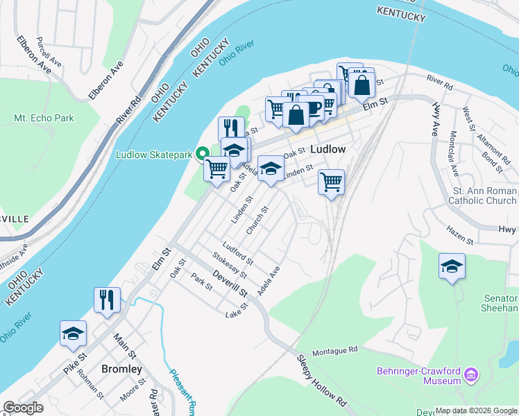 map of restaurants, bars, coffee shops, grocery stores, and more near 535 Linden Street in Ludlow