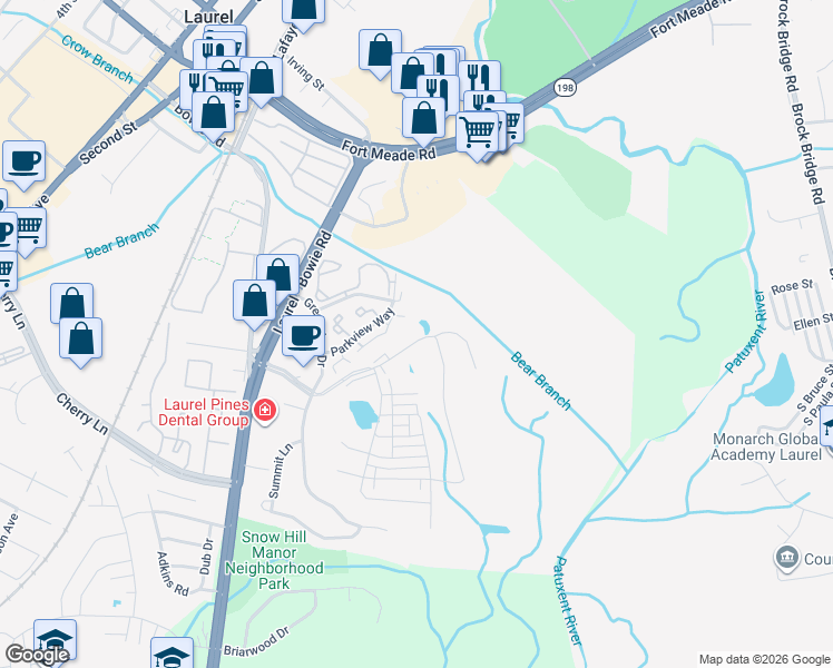map of restaurants, bars, coffee shops, grocery stores, and more near 6520 Clubhouse Drive in Laurel
