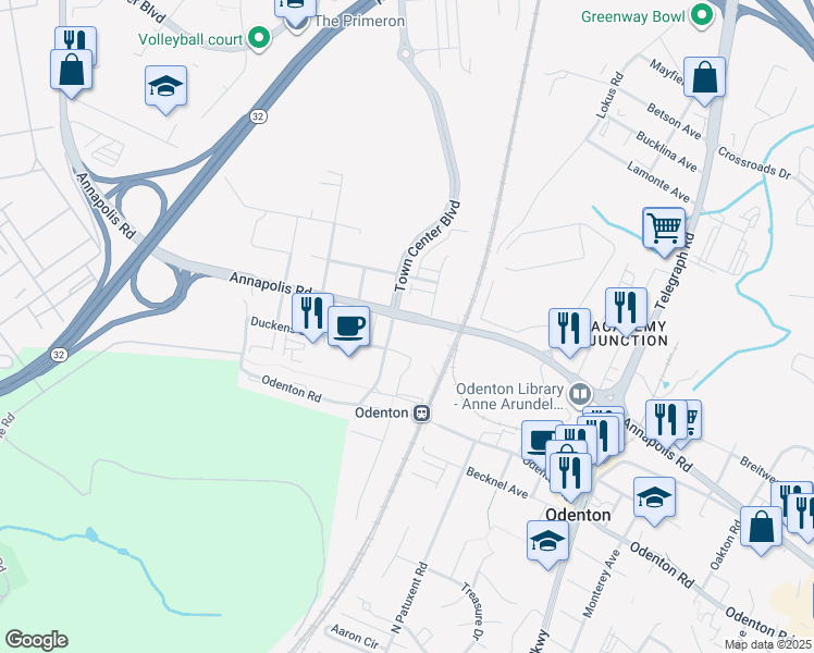map of restaurants, bars, coffee shops, grocery stores, and more near 1401 Annapolis Road in Odenton