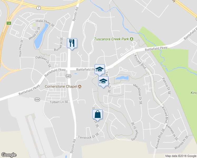 map of restaurants, bars, coffee shops, grocery stores, and more near 501 Tavistock Drive Southeast in Leesburg