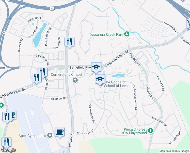 map of restaurants, bars, coffee shops, grocery stores, and more near 501 Tavistock Drive Southeast in Leesburg