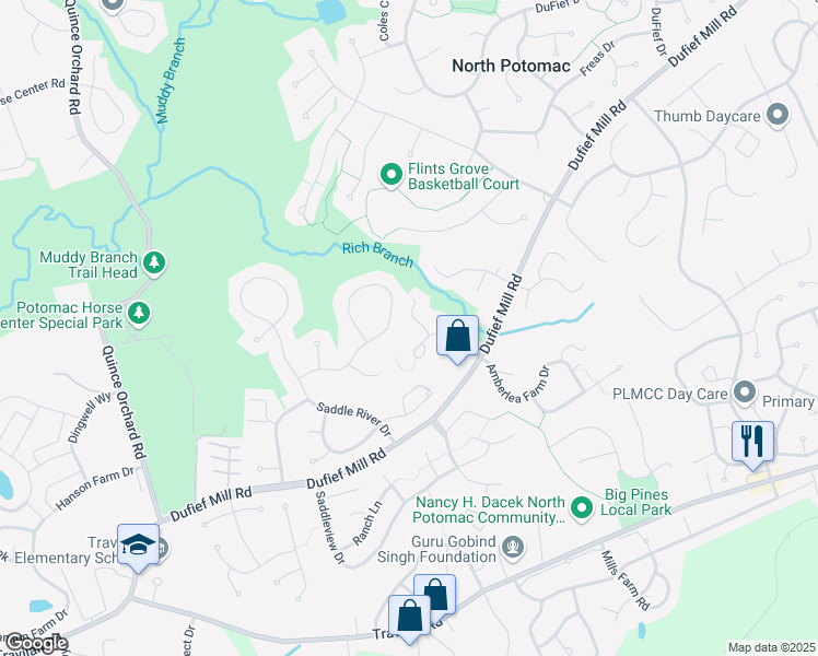 map of restaurants, bars, coffee shops, grocery stores, and more near 14206 Manifest Way in North Potomac