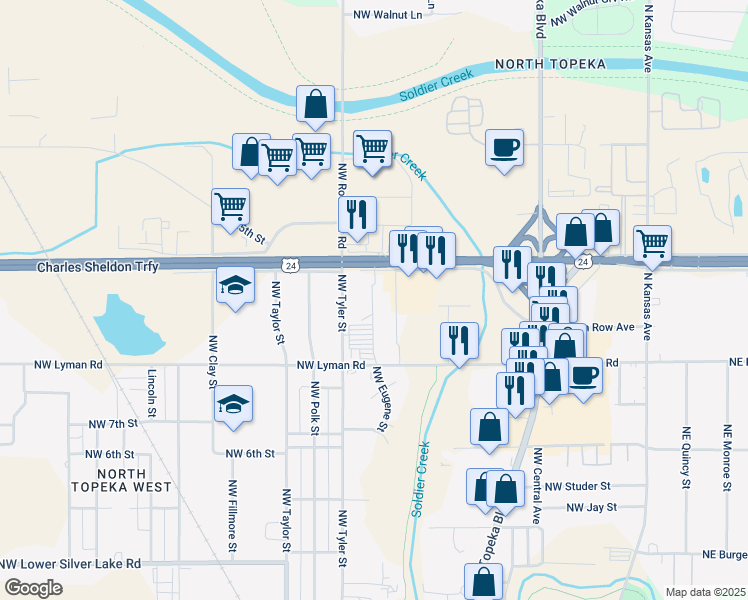 map of restaurants, bars, coffee shops, grocery stores, and more near 2240 Northwest Tyler Street in Topeka