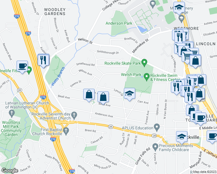 map of restaurants, bars, coffee shops, grocery stores, and more near 517 Lynch Street in Rockville
