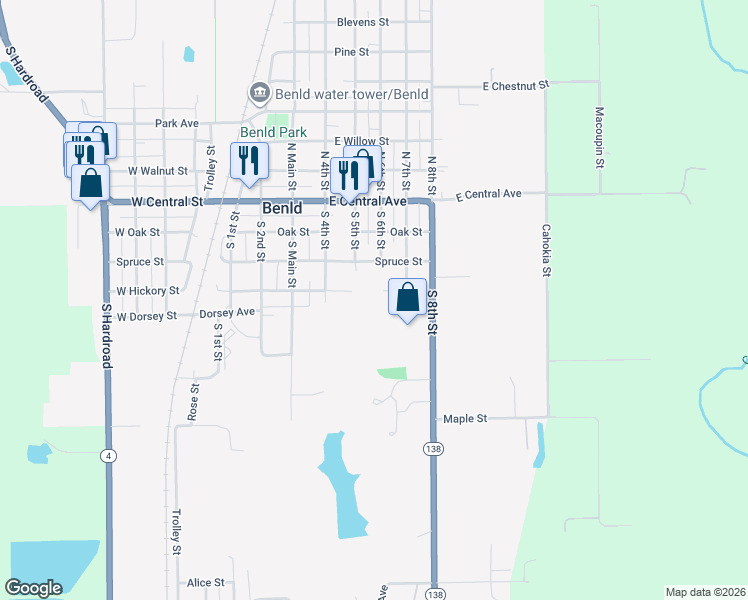 map of restaurants, bars, coffee shops, grocery stores, and more near 708 E Hickory St in Benld