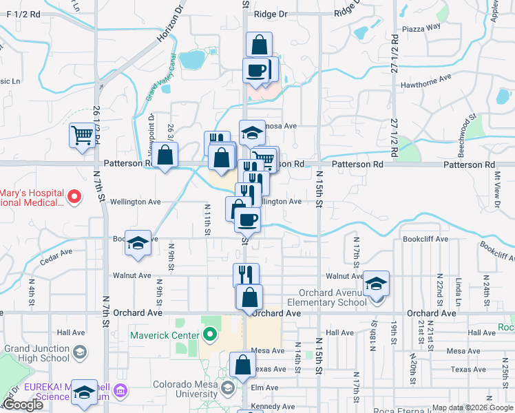 map of restaurants, bars, coffee shops, grocery stores, and more near 1201 Wellington Avenue in Grand Junction