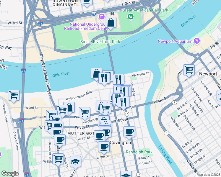 map of restaurants, bars, coffee shops, grocery stores, and more near 40 East 2nd Street in Covington
