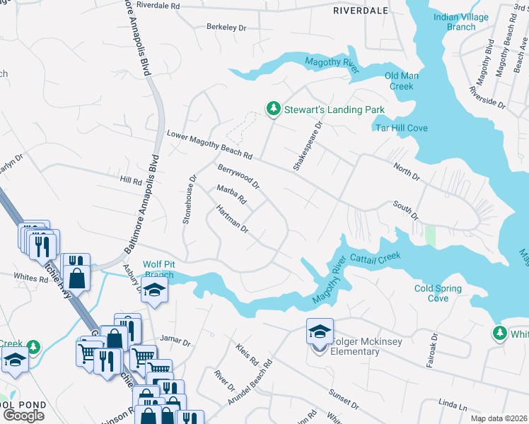 map of restaurants, bars, coffee shops, grocery stores, and more near 209 Newberry Road in Severna Park