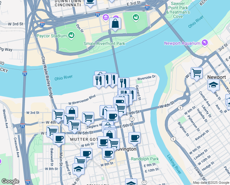 map of restaurants, bars, coffee shops, grocery stores, and more near 40 East 2nd Street in Covington