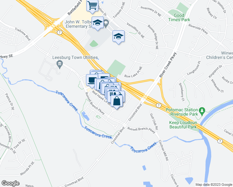 map of restaurants, bars, coffee shops, grocery stores, and more near Dodona Terrace South East in Leesburg