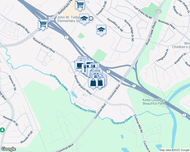 map of restaurants, bars, coffee shops, grocery stores, and more near 1606 Village Market Boulevard Southeast in Leesburg