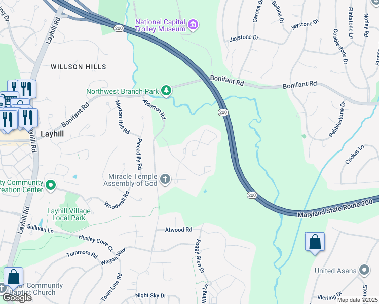map of restaurants, bars, coffee shops, grocery stores, and more near 14 Long Green Court in Silver Spring
