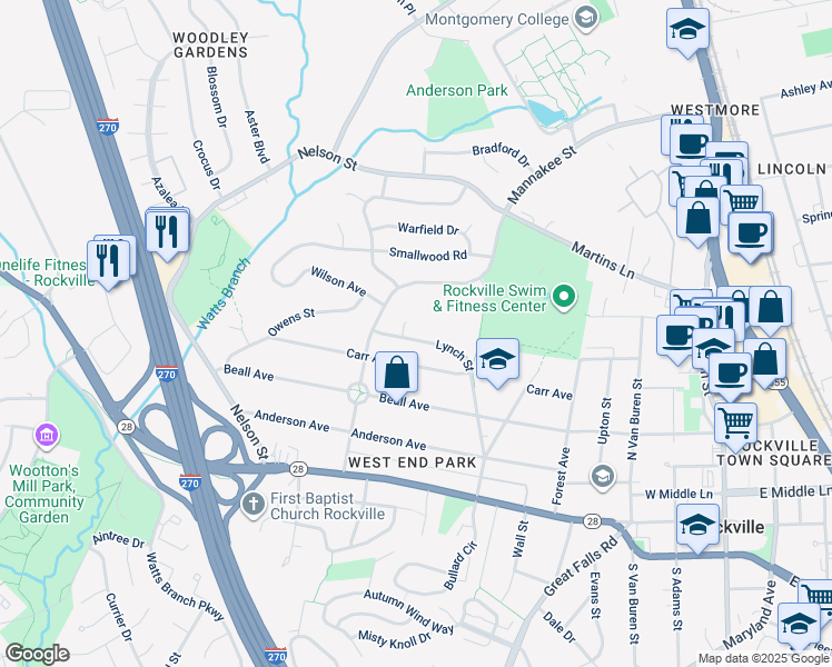 map of restaurants, bars, coffee shops, grocery stores, and more near 517 Lynch Street in Rockville