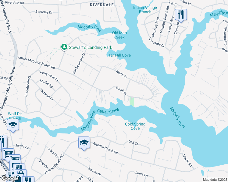 map of restaurants, bars, coffee shops, grocery stores, and more near 207 McLean Pl in Severna Park