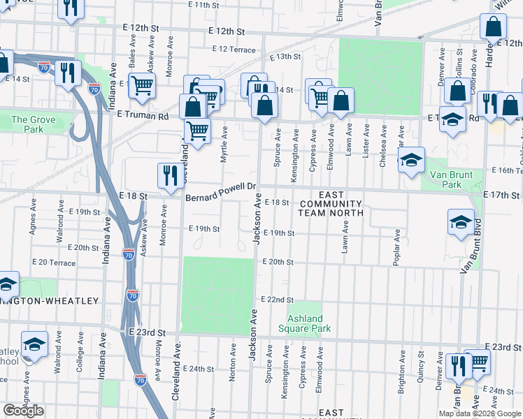 map of restaurants, bars, coffee shops, grocery stores, and more near 4209 East 18th Street in Kansas City