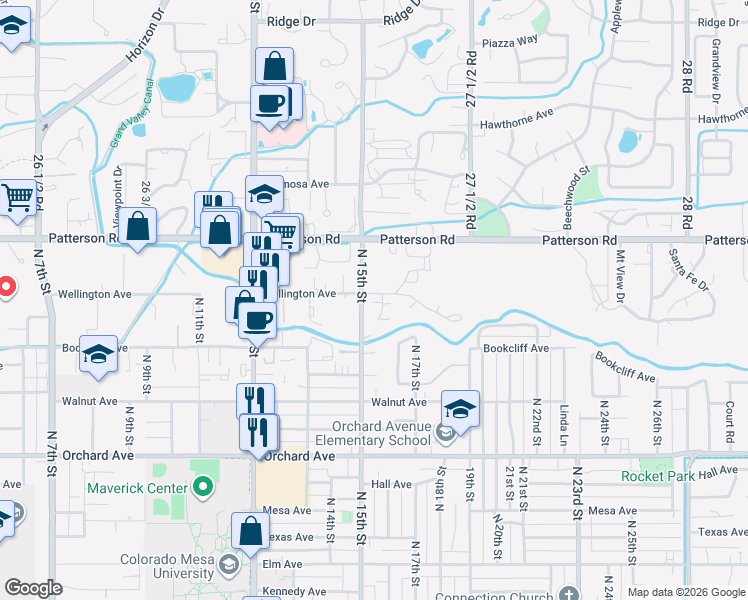 map of restaurants, bars, coffee shops, grocery stores, and more near 1501-1699 Wellington Avenue in Grand Junction