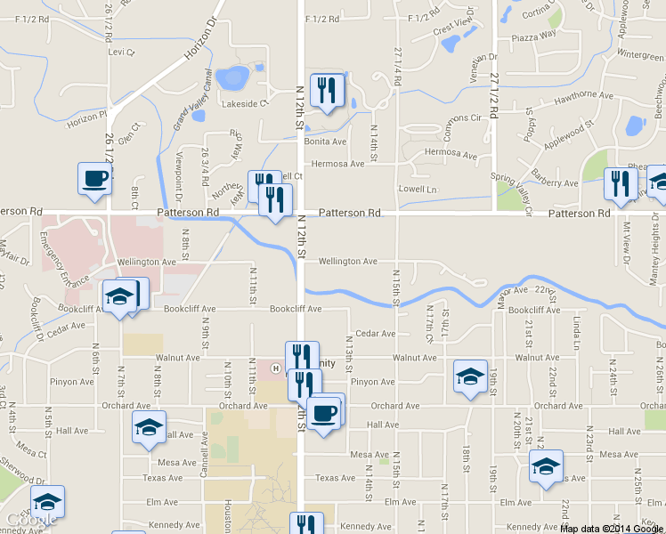 map of restaurants, bars, coffee shops, grocery stores, and more near 1313 Wellington Avenue in Grand Junction