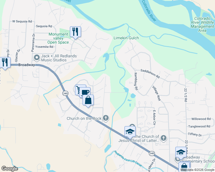 map of restaurants, bars, coffee shops, grocery stores, and more near 567-599 Rio Hondo Rd in Grand Junction