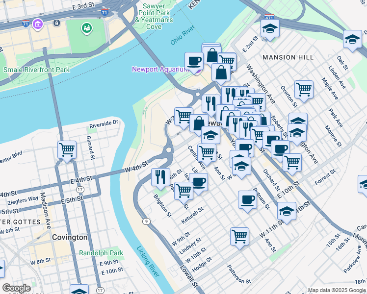 map of restaurants, bars, coffee shops, grocery stores, and more near 401 Central Avenue in Newport