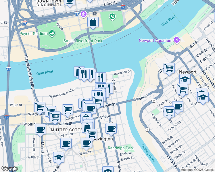 map of restaurants, bars, coffee shops, grocery stores, and more near 206A East 2nd Street in Covington
