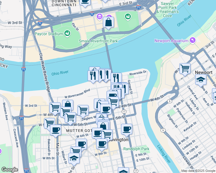 map of restaurants, bars, coffee shops, grocery stores, and more near 100 East Rivercenter Boulevard in Covington