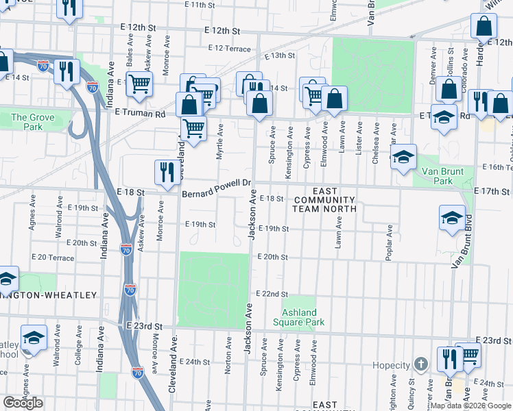 map of restaurants, bars, coffee shops, grocery stores, and more near 4209 East 18th Street in Kansas City