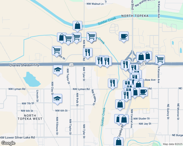 map of restaurants, bars, coffee shops, grocery stores, and more near 2240 Northwest Tyler Street in Topeka