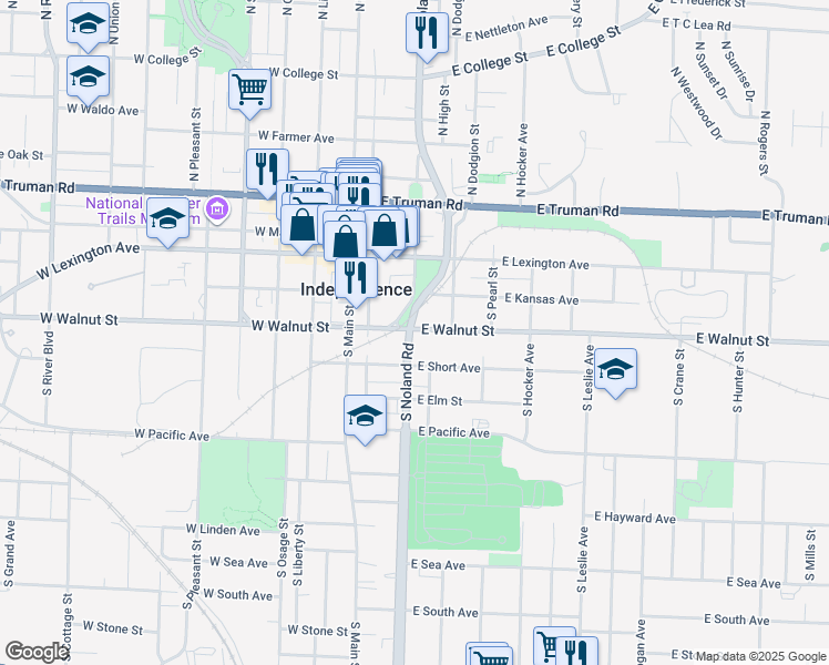 map of restaurants, bars, coffee shops, grocery stores, and more near 201 East Walnut Street in Independence