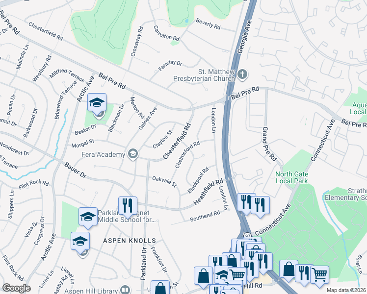 map of restaurants, bars, coffee shops, grocery stores, and more near 14200 Canterbury Lane in Rockville