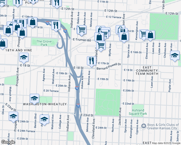 map of restaurants, bars, coffee shops, grocery stores, and more near 1813 Monroe Avenue in Kansas City