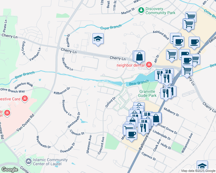 map of restaurants, bars, coffee shops, grocery stores, and more near 7914 Chapel Cove Drive in Laurel