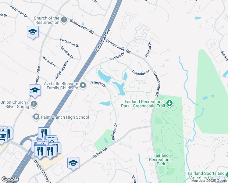 map of restaurants, bars, coffee shops, grocery stores, and more near 14243 Ballinger Terrace in Burtonsville