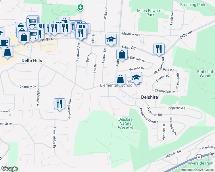 map of restaurants, bars, coffee shops, grocery stores, and more near 4601 Mount Alverno Road in Cincinnati
